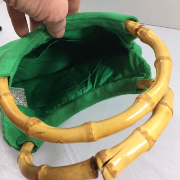 Class Bags By Karen Krautter Green Cotton Floral Wooden Handle Hand Bag - Picture 5 of 10